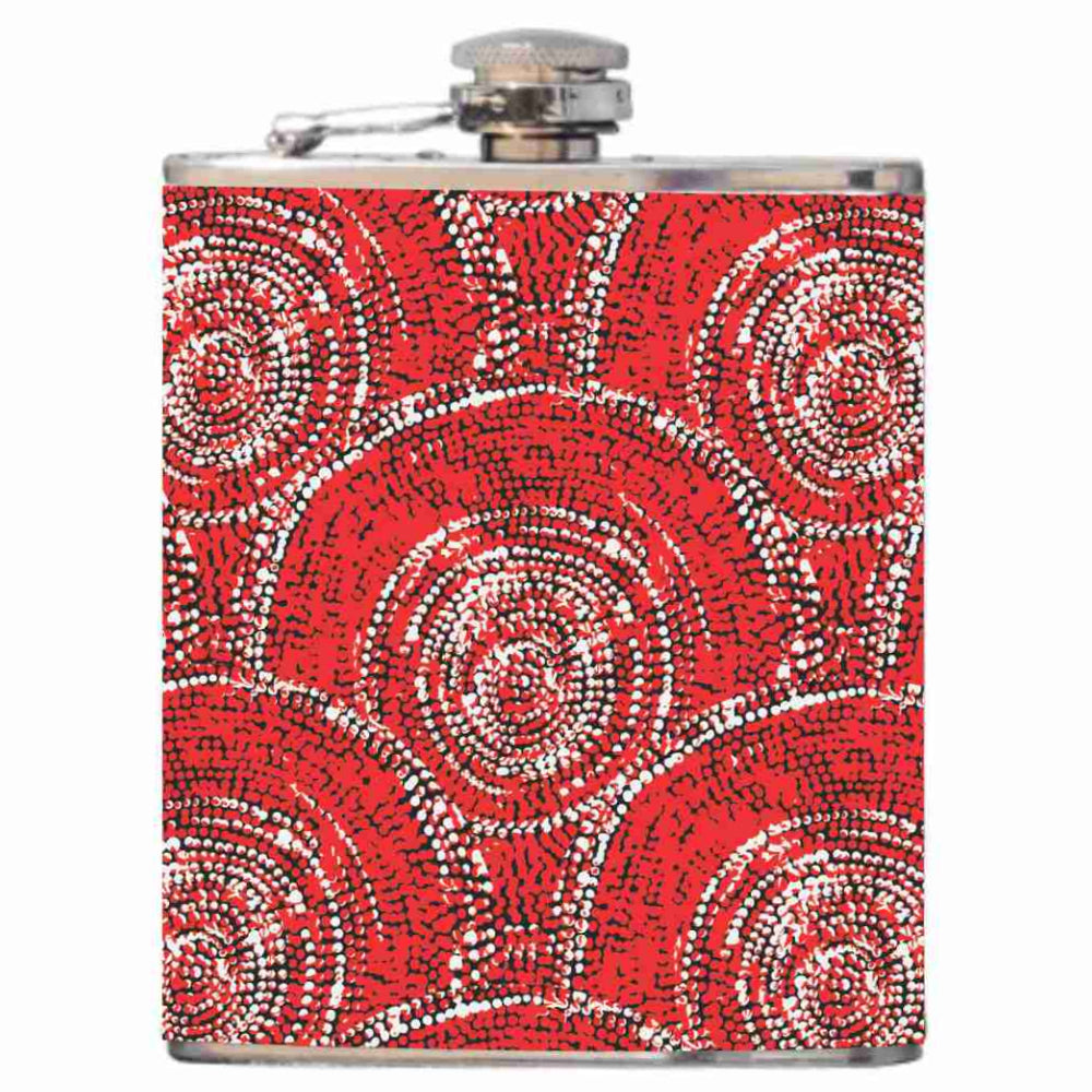 HIP FLASK IN GIFT BOX - ABORIGINAL  ART - STAINLESS STEEL - SABRINA ROBERTSON, RED - AUSTRALIA, INDIGENOUS, SOUVENIR, GIFT