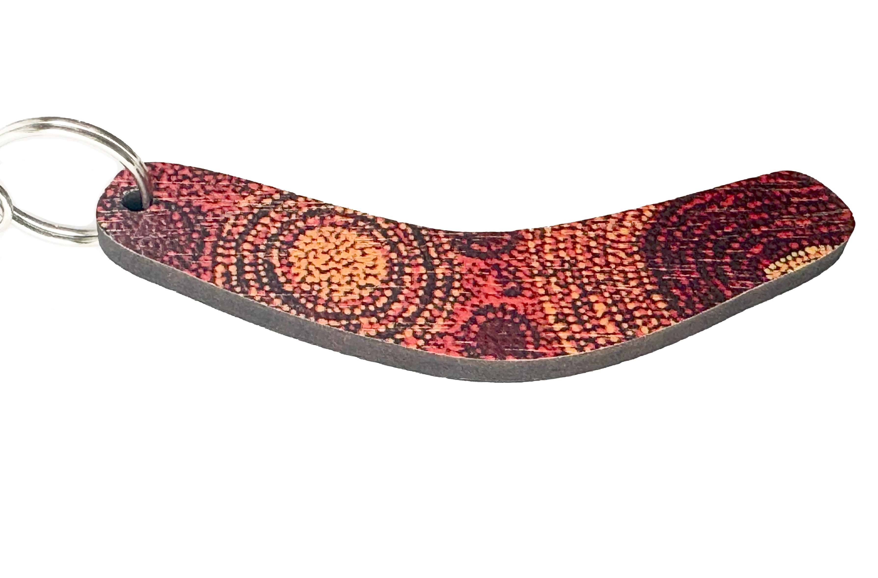 KEYRING, KEYCHAIN - BOOMERANG - MADE IN AUSTRALIA - WOODEN - ABORIGINAL ART - ALISON MUNTI RILEY, ORANGE - AUSTRALIA, INDIGENOUS, SOUVENIR, GIFT