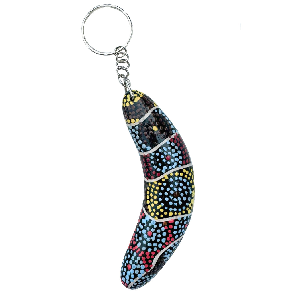 KEYRING, KEYCHAIN - BOOMERANG - WOODEN - ABORIGINAL ART - CINDY WALLACE, CIRCLES - AUSTRALIA, INDIGENOUS, SOUVENIR, GIFT