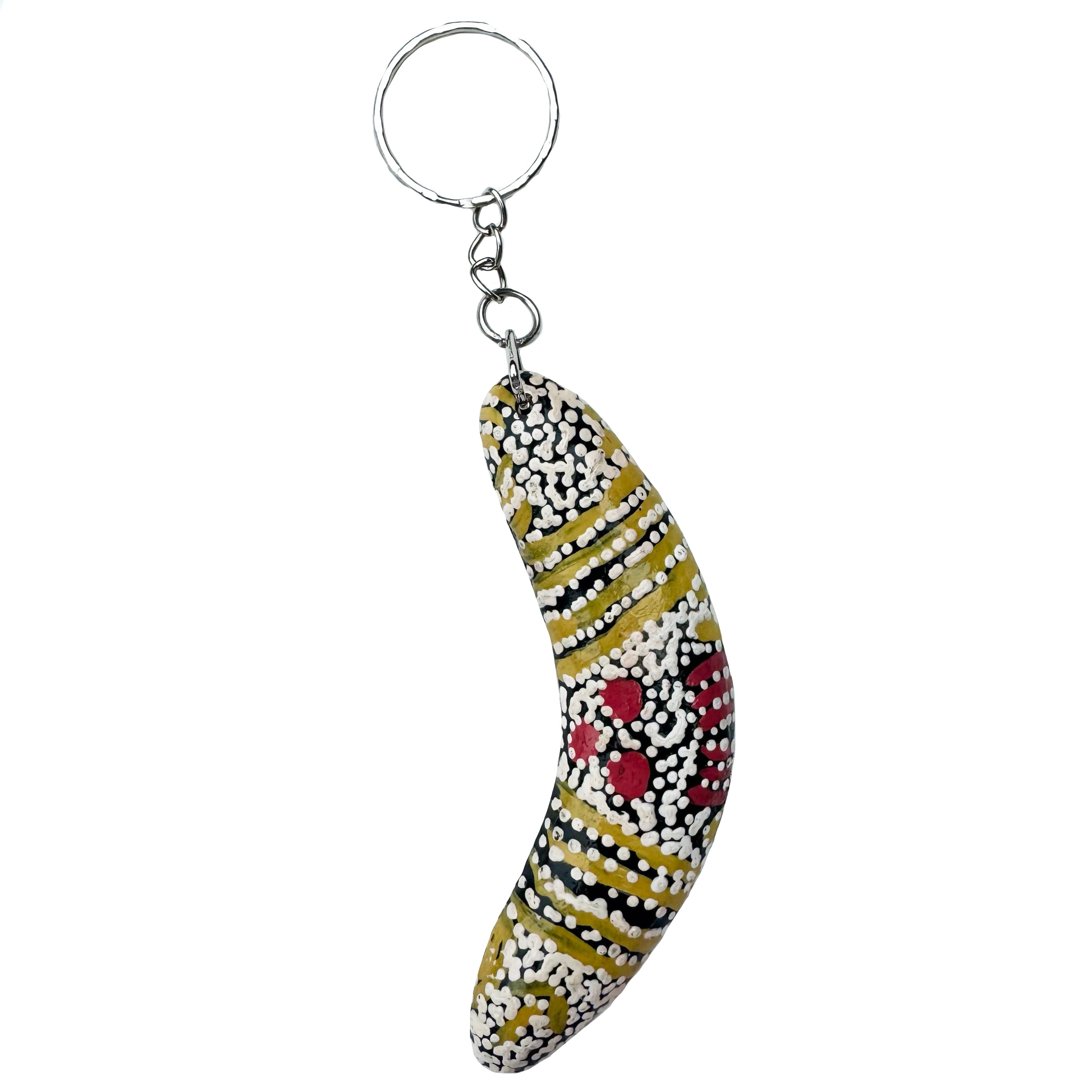 KEYRING, KEYCHAIN - BOOMERANG - WOODEN - ABORIGINAL ART - GLENYS GIBSON - AUSTRALIA, INDIGENOUS, SOUVENIR, GIFT