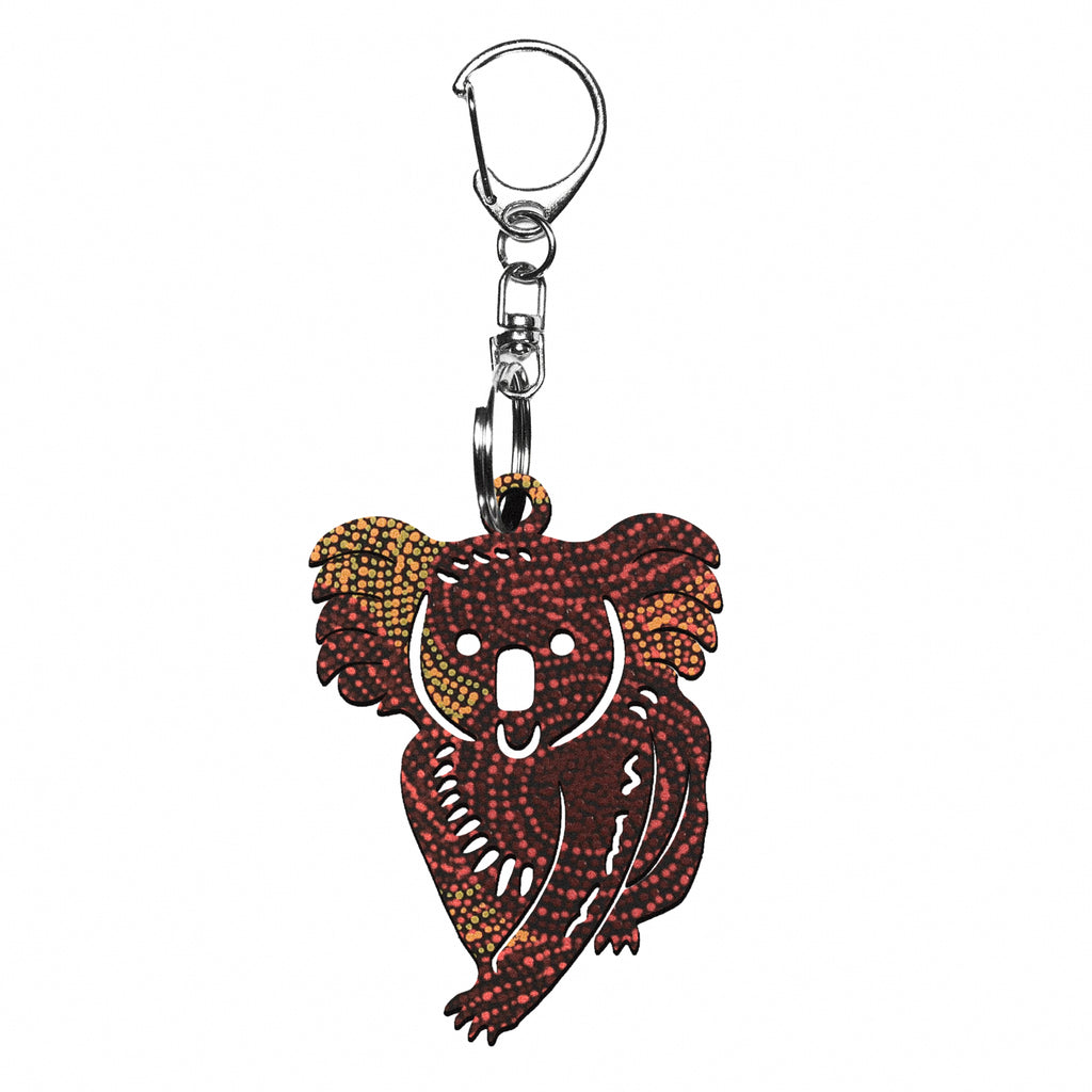 KEYRING, KEYCHAIN - KOALA - MADE IN AUSTRALIA - ABORIGINAL ART - WOODEN - ALISON MUNTI RILEY, ORANGE - INDIGENOUS, SOUVENIR, GIFT
