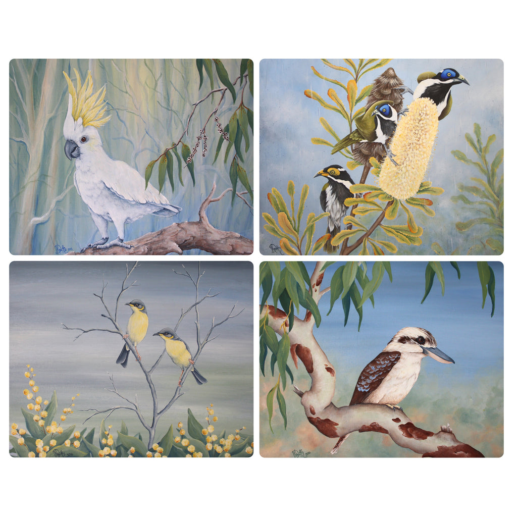 4 PLACEMATS + 4 COASTERS - MADE IN AUSTRALIA - WATERPROOF - AUSTRALIAN BIRDS, NATIVE FLOWERS - SOUVENIR, GIFT