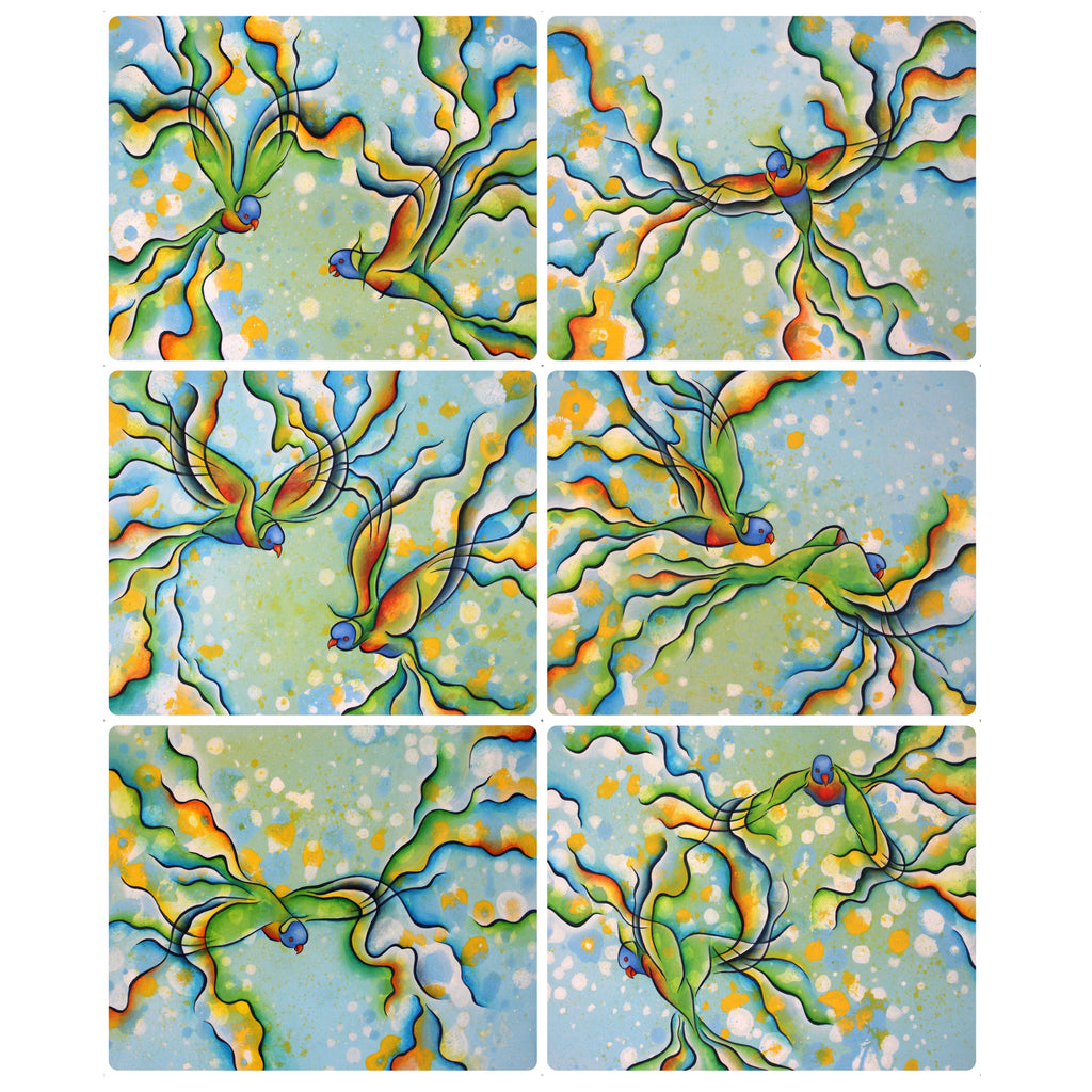 6 PLACEMATS + 6 COASTERS - MADE IN AUSTRALIA - WATERPROOF - RAINBOW LORIKEET BIRDS - SOUVENIR, GIFT