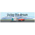 BUMPER STICKER - MADE IN AUSTRALIA - 220x60mm - LIVING THE DREAM - SNOW - NOMAD, CAR, CARAVAN, MOTORHOME, SOUVENIR