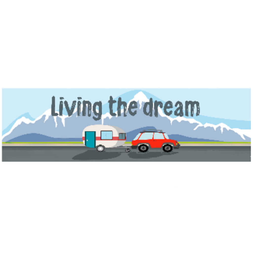 BUMPER STICKER - MADE IN AUSTRALIA - 220x60mm - LIVING THE DREAM - SNOW - NOMAD, CAR, CARAVAN, MOTORHOME, SOUVENIR