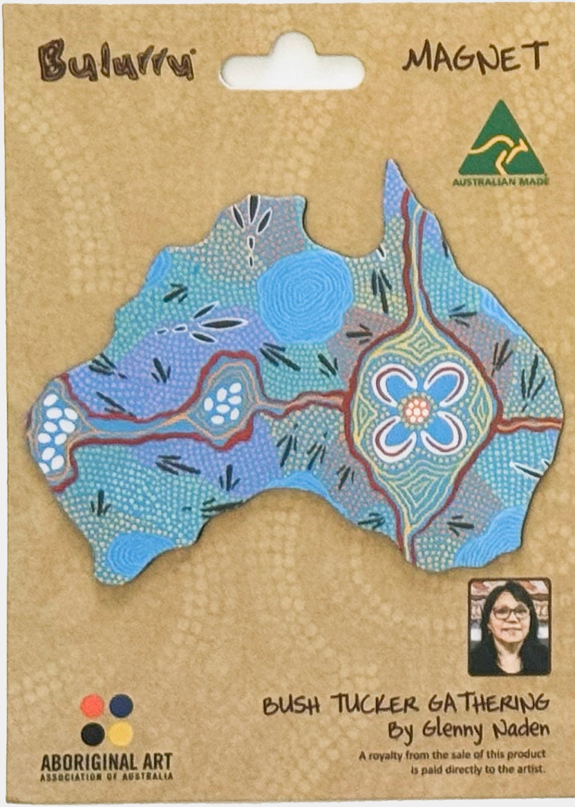 FRIDGE MAGNET - ABORIGINAL ART - MAP OF AUSTRALIA - MADE IN AUSTRALIA - BUSH TUCKER GATHERING - FLEXI - INDIGENOUS, SOUVENIR, GIFT
