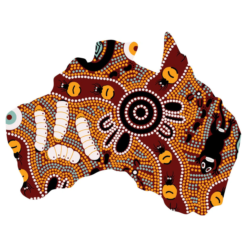 FRIDGE MAGNET - ABORIGINAL ART - MAP OF AUSTRALIA - MADE IN AUSTRALIA - BUSH TUCKER TAN - FLEXI - INDIGENOUS, SOUVENIR, GIFT