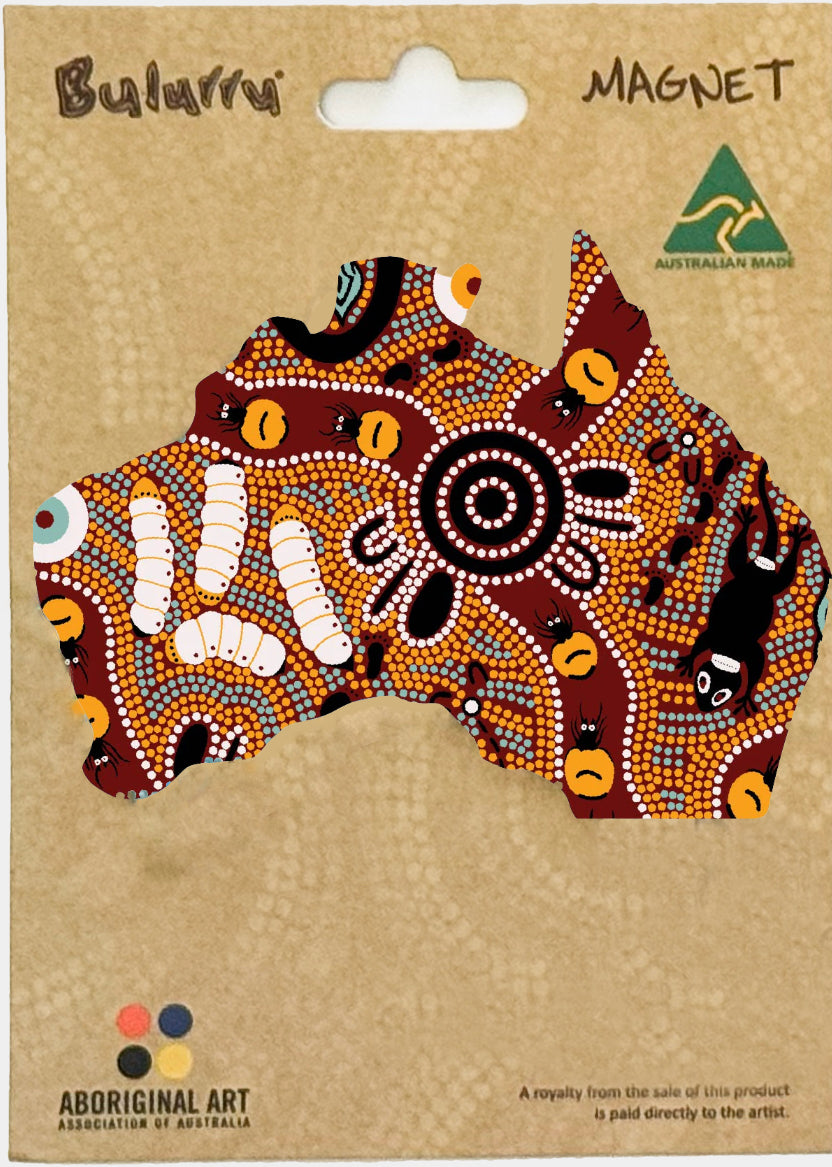 FRIDGE MAGNET - ABORIGINAL ART - MAP OF AUSTRALIA - MADE IN AUSTRALIA - BUSH TUCKER TAN - FLEXI - INDIGENOUS, SOUVENIR, GIFT