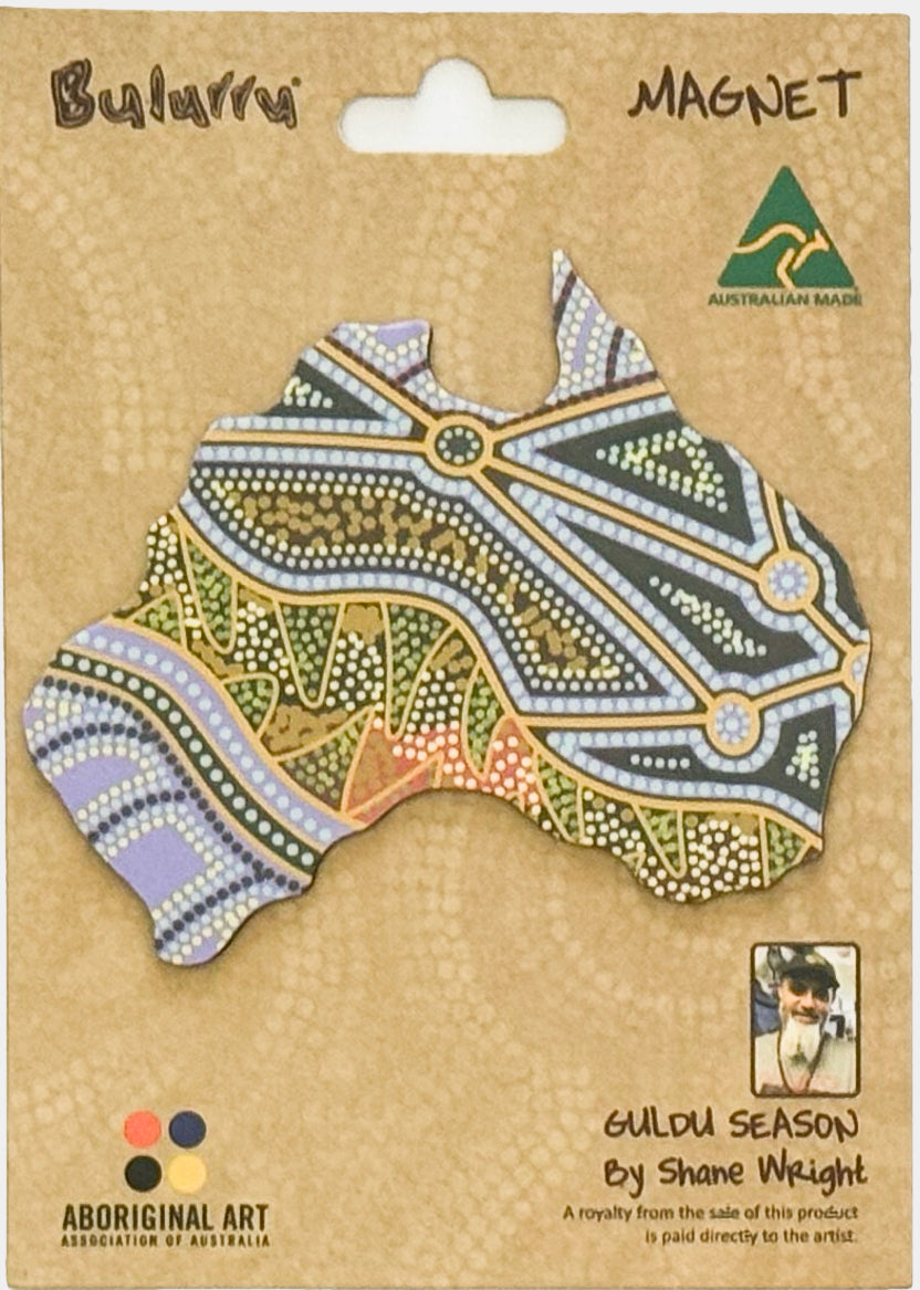 FRIDGE MAGNET - ABORIGINAL ART - MAP OF AUSTRALIA - MADE IN AUSTRALIA - GULDU SEASON - FLEXI - INDIGENOUS, SOUVENIR, GIFT