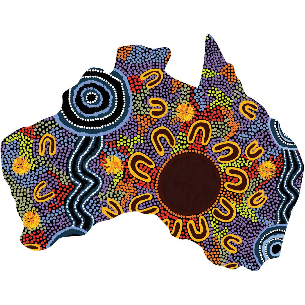 FRIDGE MAGNET - ABORIGINAL ART - MAP OF AUSTRALIA - MADE IN AUSTRALIA - WOMEN GATHERING AT WATERHOLES - FLEXI - INDIGENOUS, SOUVENIR, GIFT