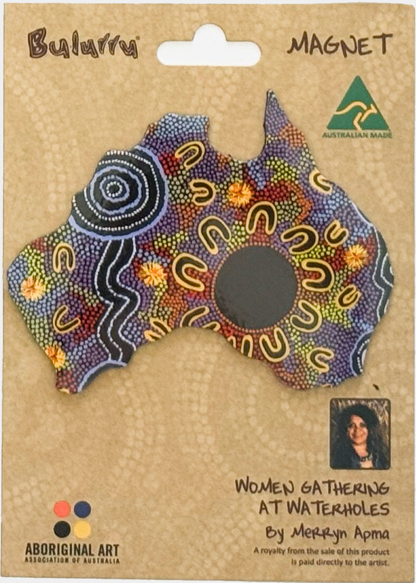 FRIDGE MAGNET - ABORIGINAL ART - MAP OF AUSTRALIA - MADE IN AUSTRALIA - WOMEN GATHERING AT WATERHOLES - FLEXI - INDIGENOUS, SOUVENIR, GIFT