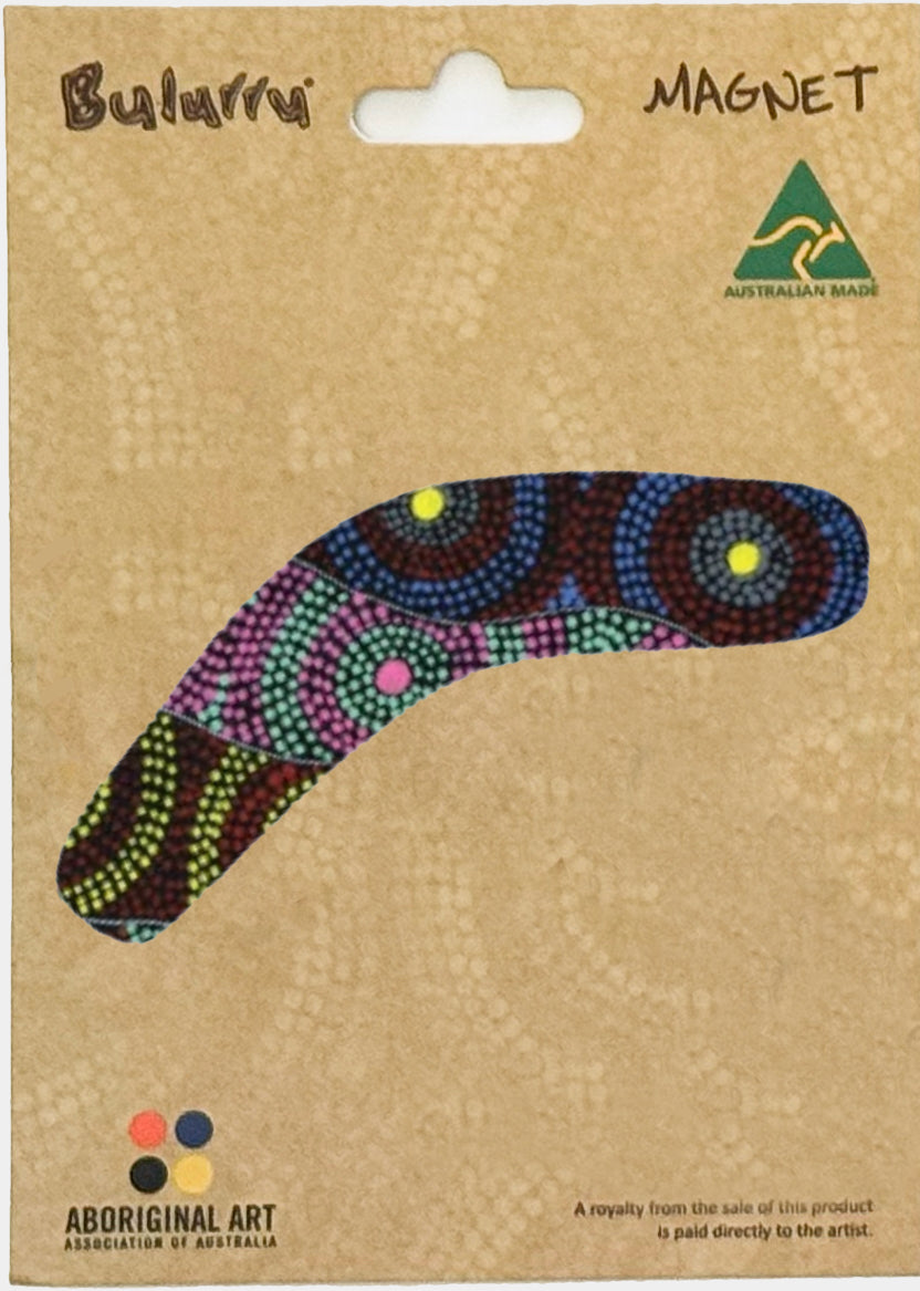 FRIDGE MAGNET - ABORIGINAL ART - BOOMERANG - MADE IN AUSTRALIA  - CINDY WALLACE, CIRCLES - FLEXI - INDIGENOUS, SOUVENIR, GIFT