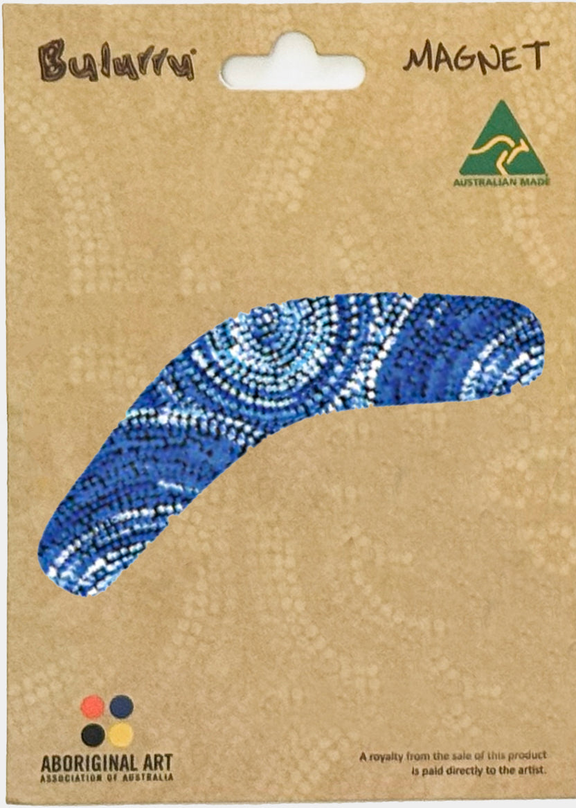 FRIDGE MAGNET - ABORIGINAL ART - BOOMERANG - MADE IN AUSTRALIA - SABRINA ROBERTSON, BLUE - FLEXI - INDIGENOUS, SOUVENIR, GIFT