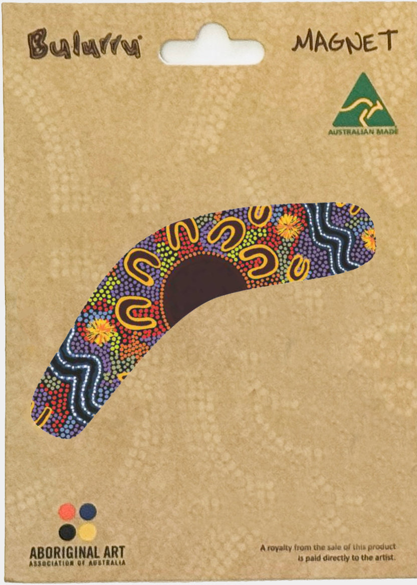 FRIDGE MAGNET - ABORIGINAL ART - BOOMERANG - MADE IN AUSTRALIA - WOMEN GATHERING AT WATERHOLES - FLEXI - INDIGENOUS, SOUVENIR, GIFT
