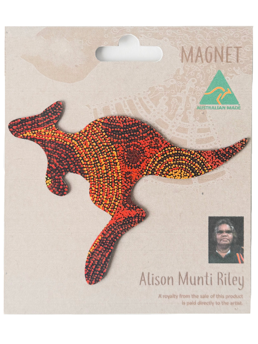 FRIDGE MAGNET - ABORIGINAL ART - KANGAROO - MADE IN AUSTRALIA - ALISON MUNTI RILEY, ORANGE, RED - FLEXI - INDIGENOUS, SOUVENIR, GIFT