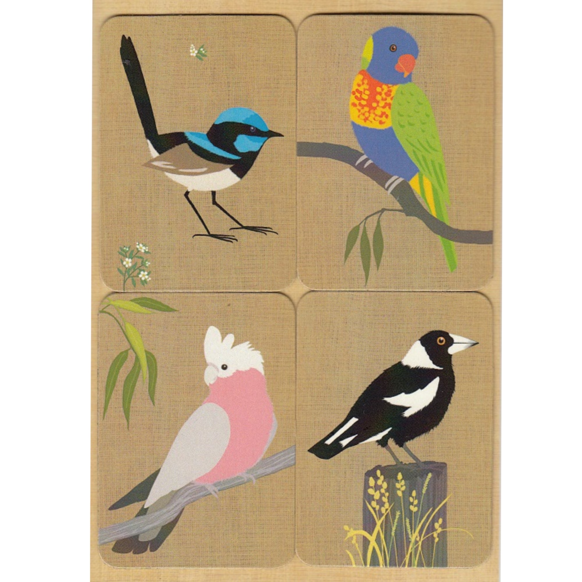 FRIDGE MAGNET - 4 x MAGNETS, GREETING CARD, ENVELOPE - MADE IN AUSTRALIA - AUSTRALIA BIRDS - FLEXI - SOUVENIR, GIFT