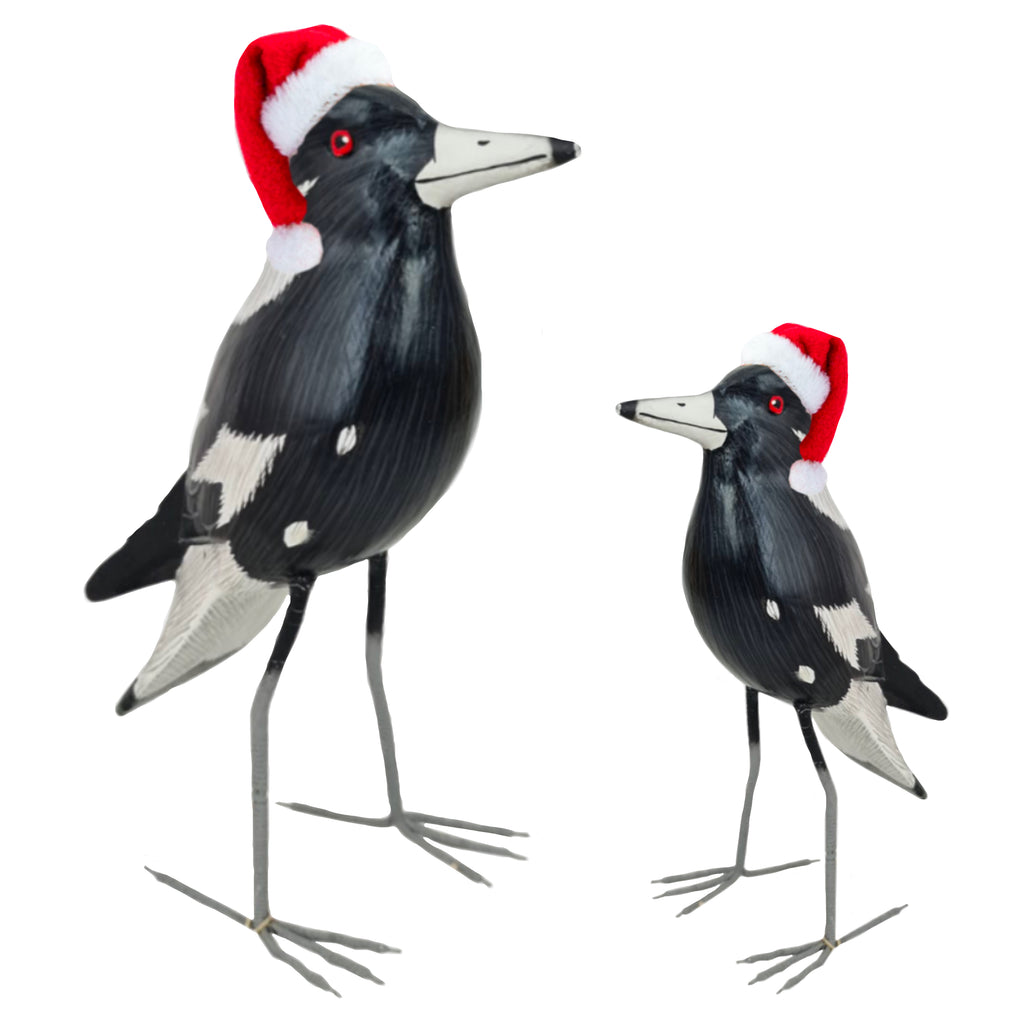 MAGPIE FIGURINES x 2 - MAGPIE BIRDS WITH SANTA HAT, 27cmH, 18cmH - CHRISTMAS - STANDING ORNAMENT - AUSTRALIA, SOUVENIR, GIFT, BIRD