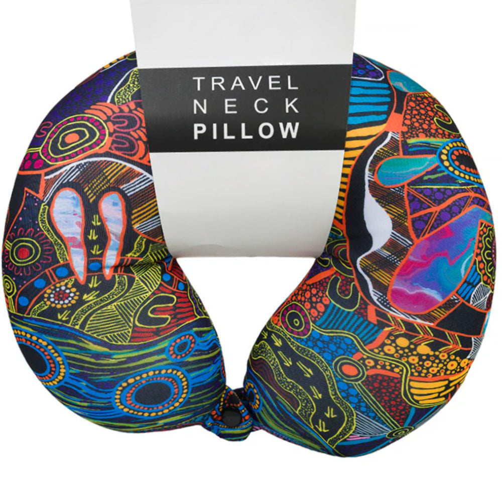TRAVEL PILLOW, NECK PILLOW - ABORIGINAL ART - JUSTIN BUTLER - AUSTRALIA, INDIGENOUS, SOUVENIR, GIFT