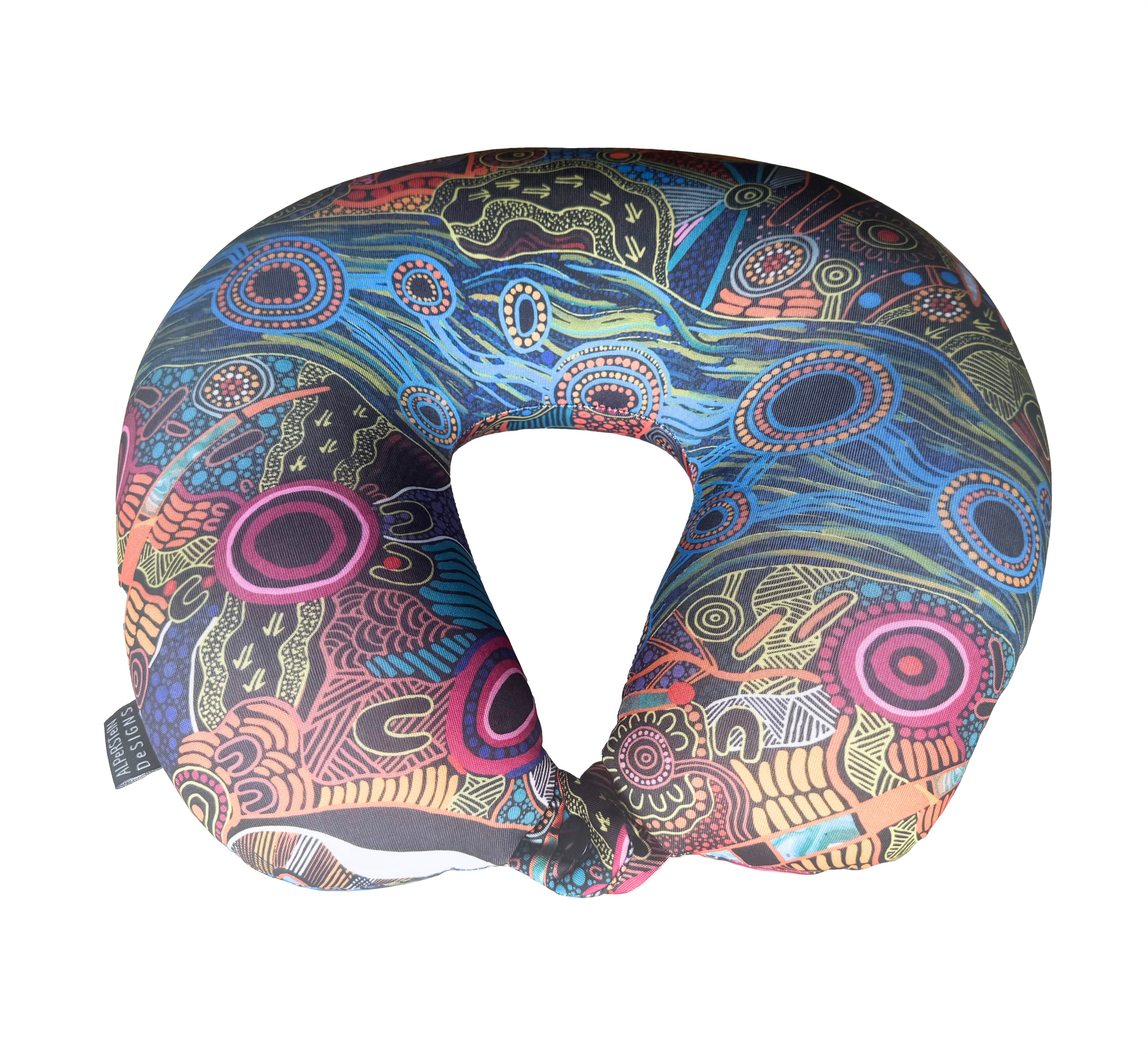 TRAVEL PILLOW, NECK PILLOW - ABORIGINAL ART - JUSTIN BUTLER - AUSTRALIA, INDIGENOUS, SOUVENIR, GIFT