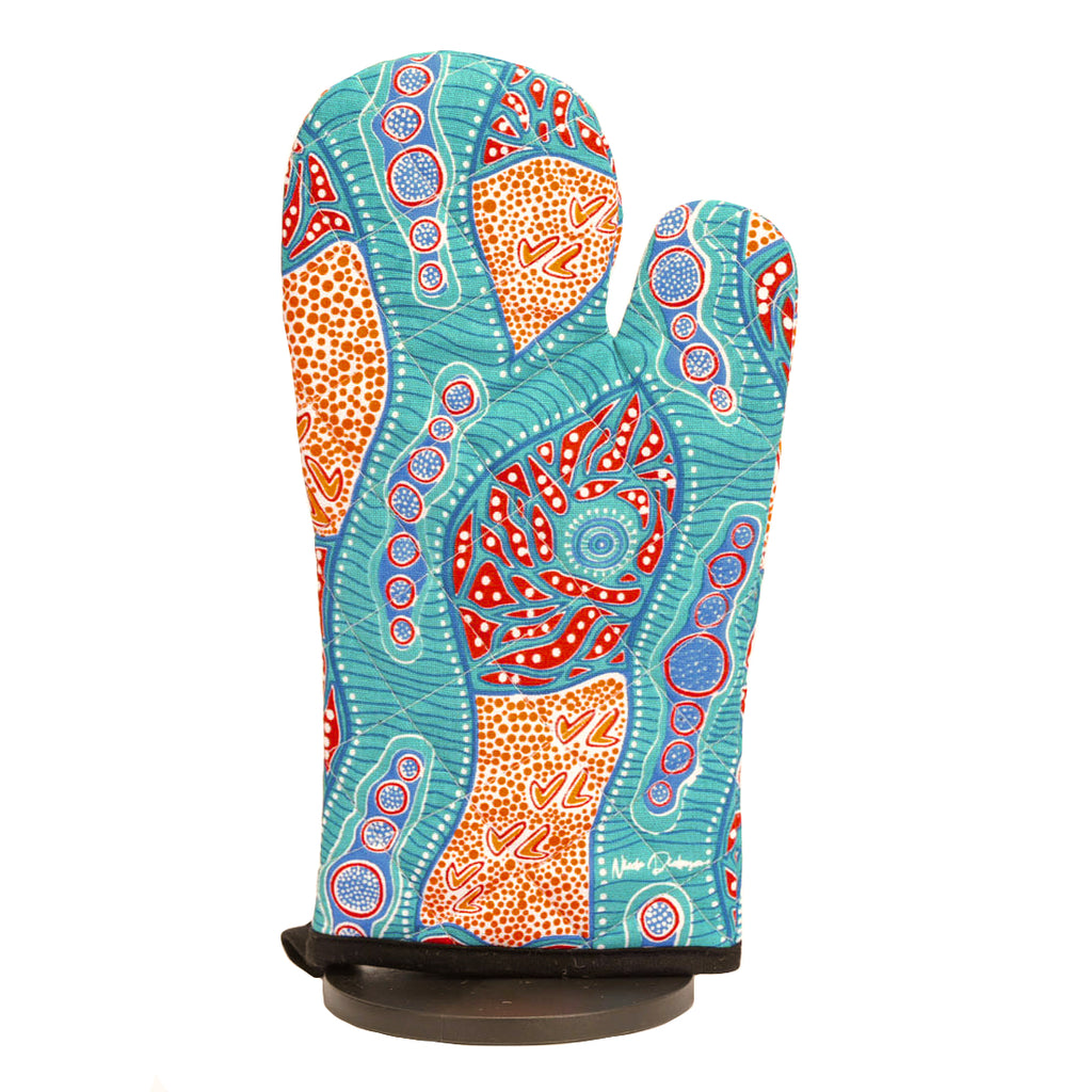 TEA TOWEL, OVEN MITT, POT HOLDER - 3-PIECE GIFT SET - ABORIGINAL ART - 100% COTTON - TRACKS ON COUNTRY - AUSTRALIA, INDIGENOUS, SOUVENIR, GIFT