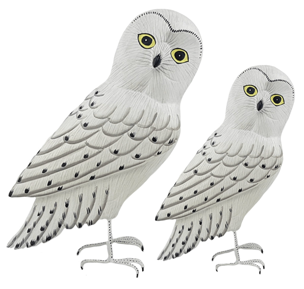 OWL FIGURINE x 2 - SNOWY OWLS, 27cmH, 23cmH - STANDING ORNAMENT - AUSTRALIA, SOUVENIR, GIFT, BIRD