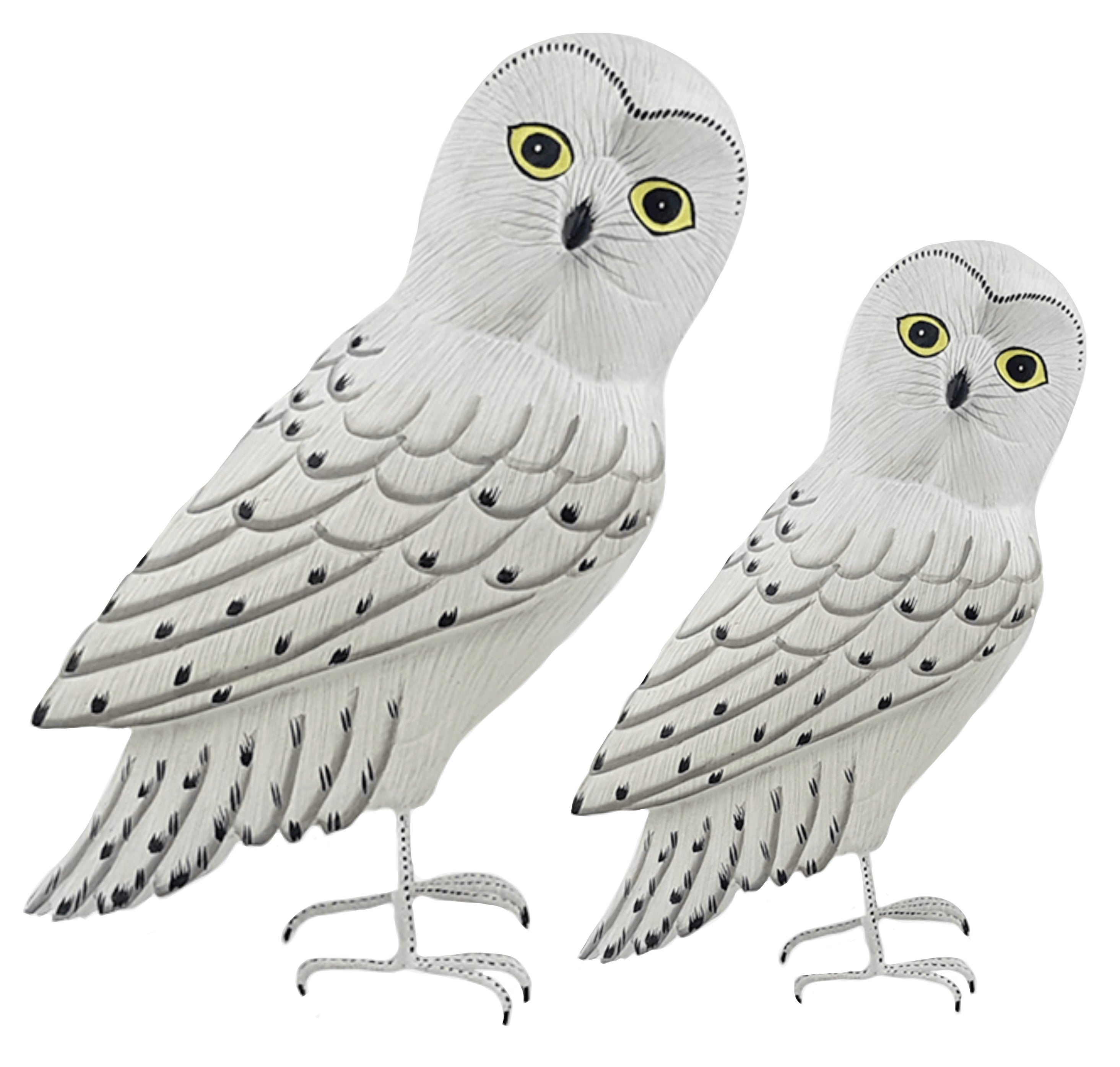 OWL FIGURINE x 2 - SNOWY OWLS, 27cmH, 23cmH - STANDING ORNAMENT - AUSTRALIA, SOUVENIR, GIFT, BIRD
