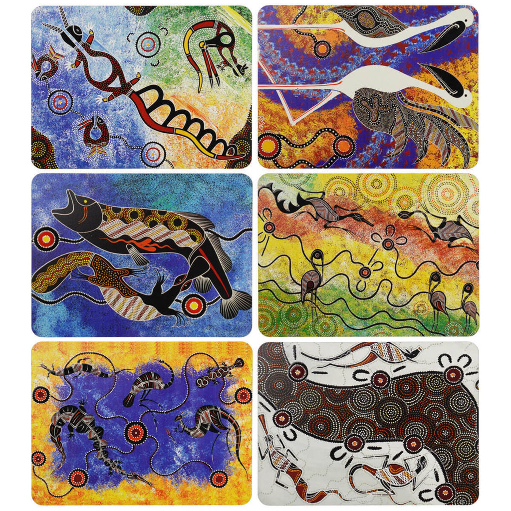 6 PLACEMATS + 6 COASTERS - MADE IN AUSTRALIA - CORK - DREAMTIME - ABORIGINAL, INDIGENOUS, SOUVENIR, GIFT