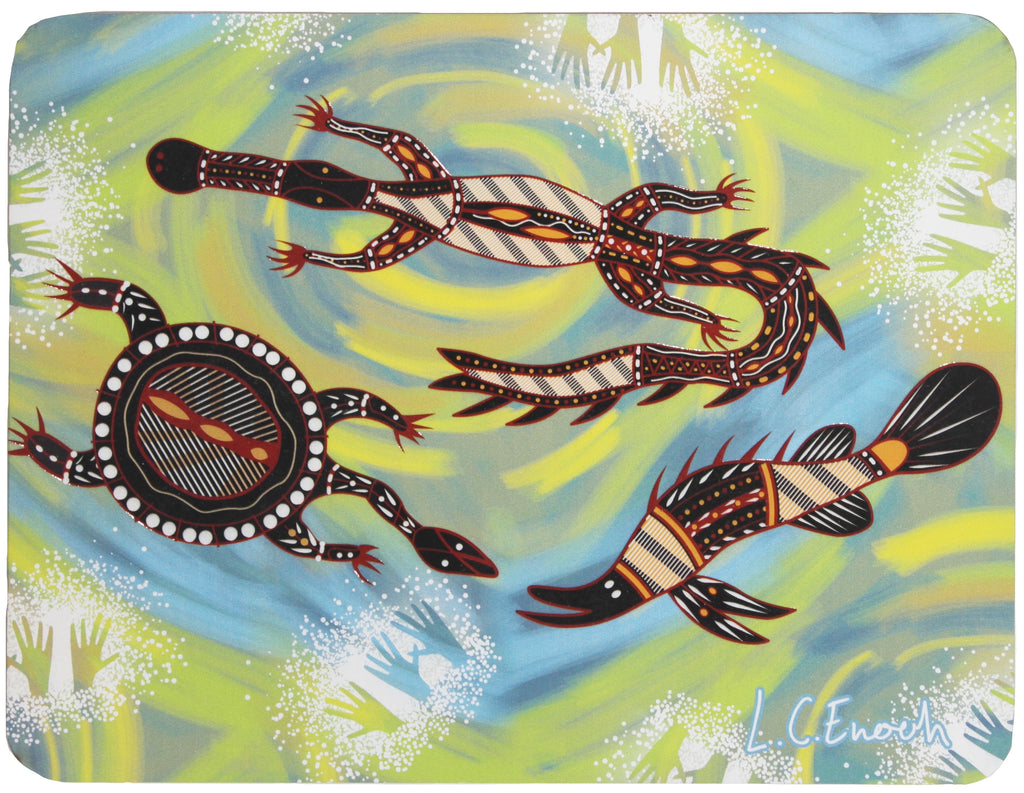 6 PLACEMATS + 6 COASTERS - MADE IN AUSTRALIA - CORK - ANIMALS, BIRDS, FISH - ABORIGINAL, INDIGENOUS, SOIVENIR, GIFT