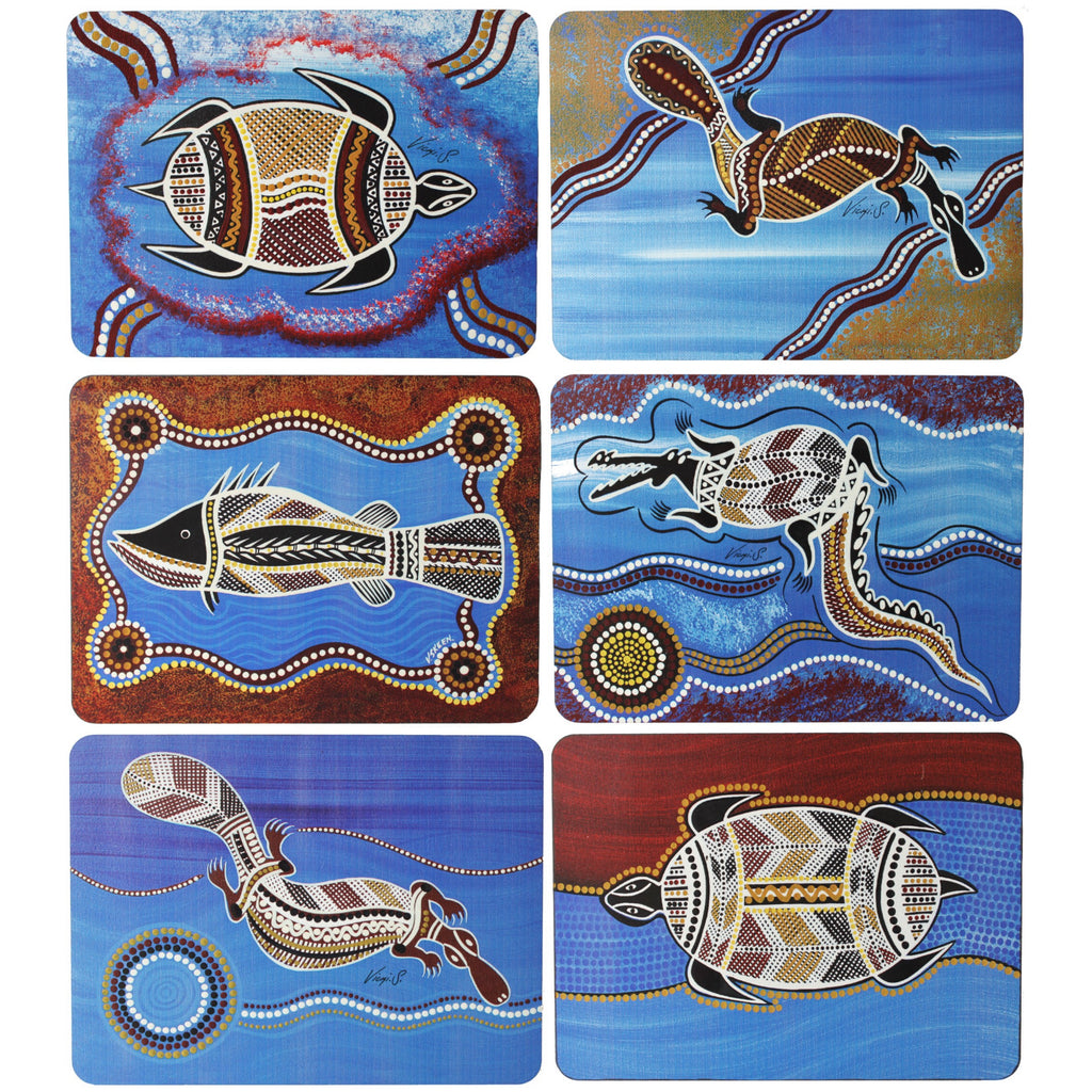 6 PLACEMATS + 6 COASTERS - MADE IN AUSTRALIA - CORK - ANIMALS FROM THE WETLANDS - ABORIGINAL, INDIGENOUS, SOIVENIR, GIFT