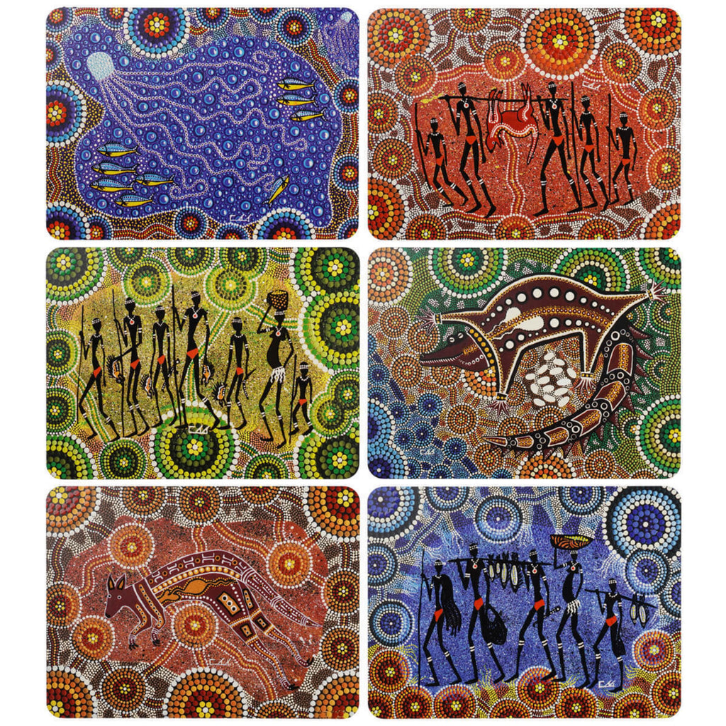6 PLACEMATS + 6 COASTERS - MADE IN AUSTRALIA - CORK - GATHERINGS - ABORIGINAL, INDIGENOUS, SOUVENIR, GIFT
