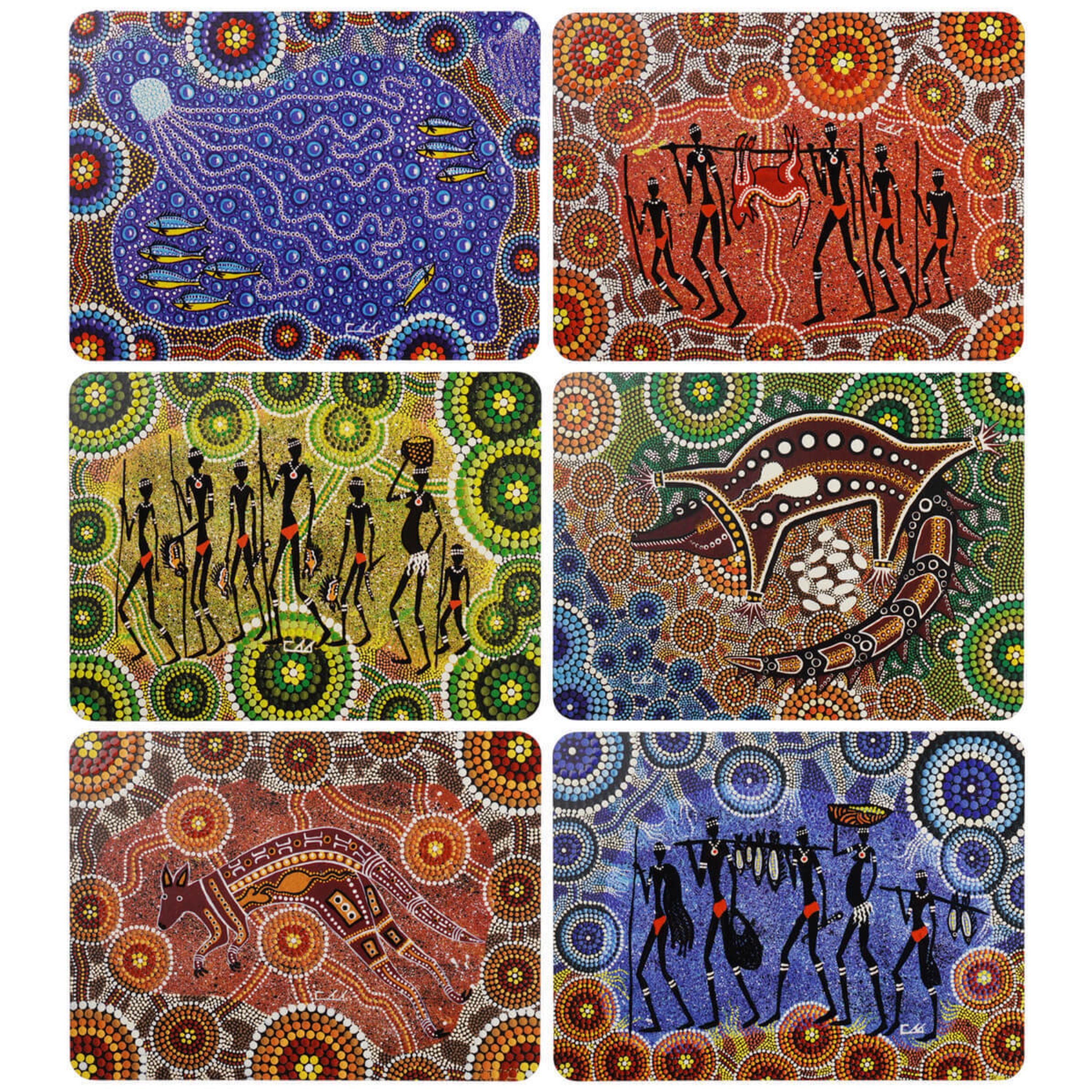 6 PLACEMATS + 6 COASTERS - MADE IN AUSTRALIA - CORK - GATHERINGS - ABORIGINAL, INDIGENOUS, SOUVENIR, GIFT