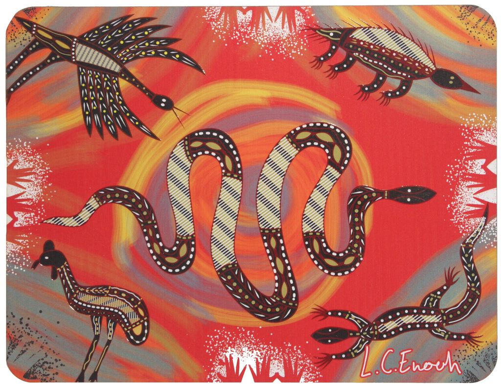 6 PLACEMATS + 6 COASTERS - MADE IN AUSTRALIA - CORK - ANIMALS, BIRDS, FISH - ABORIGINAL, INDIGENOUS, SOIVENIR, GIFT