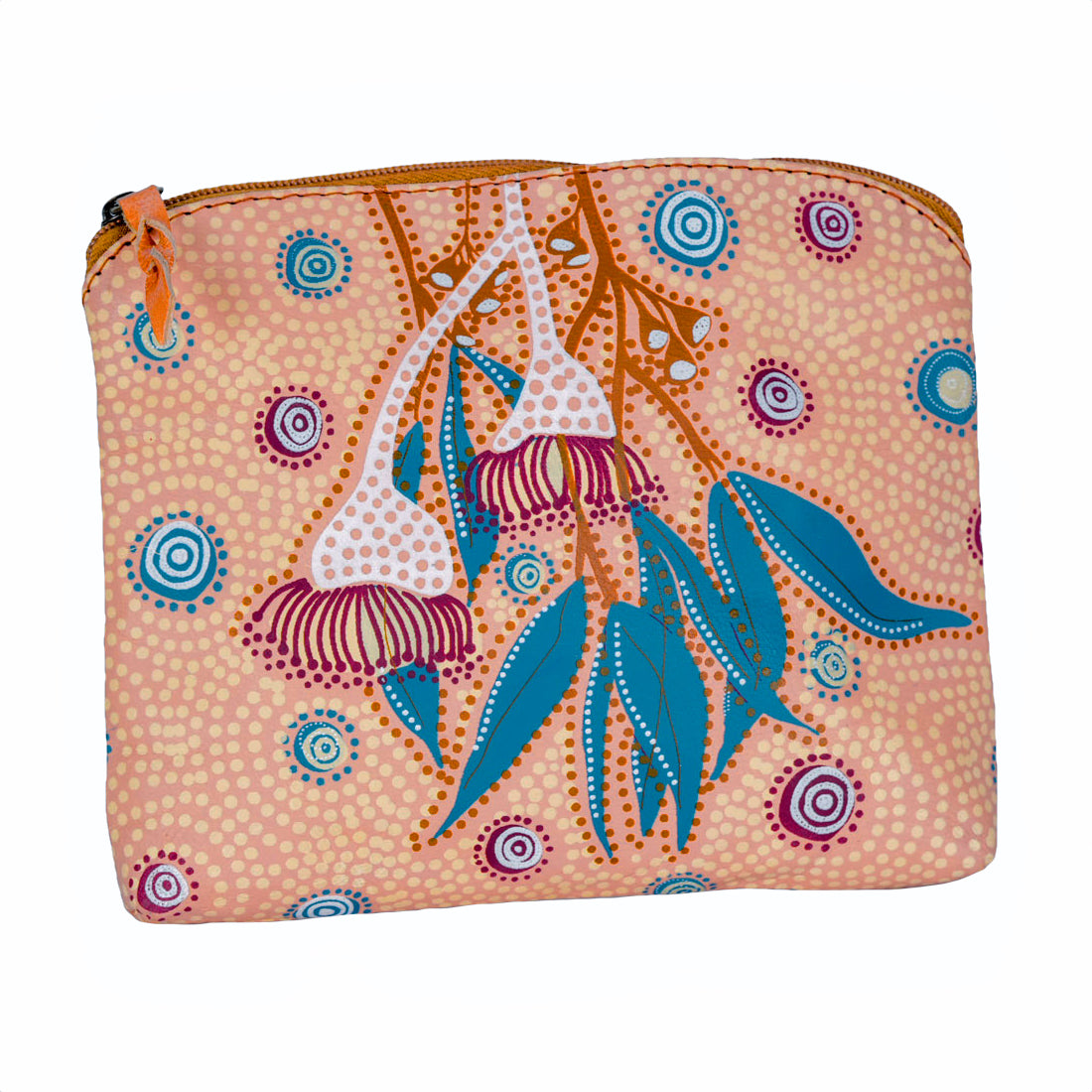 LADIES COSMETIC BAG, MAKEUP BAG, PURSE - ABORIGINAL ART - LEATHER - GUMNUTS - AUSTRALIA, INDIGENOUS, SOUVENIR, GIFT