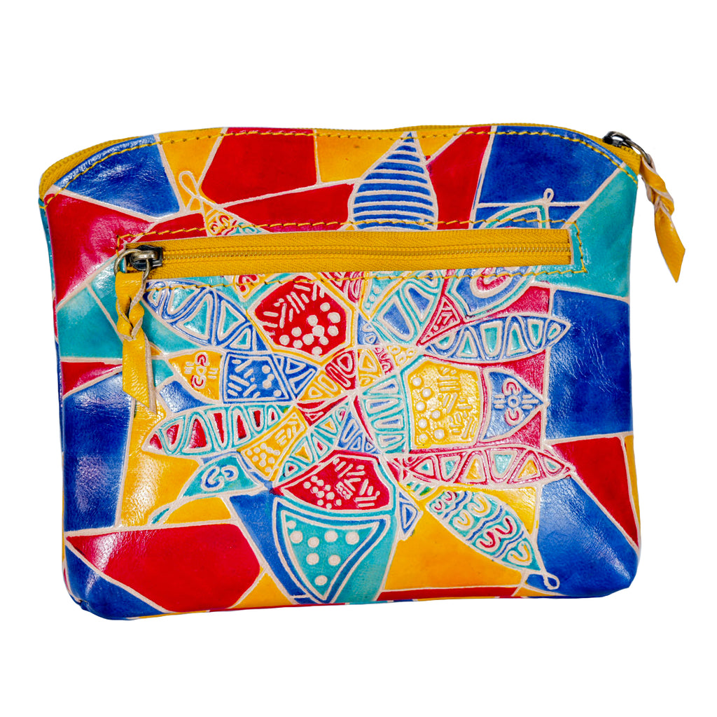 LADIES COSMETIC BAG, MAKEUP BAG, PURSE - ABORIGINAL ART - LEATHER - CONNECTING WITH LAND - AUSTRALIA, INDIGENOUS, SOUVENIR, GIFT