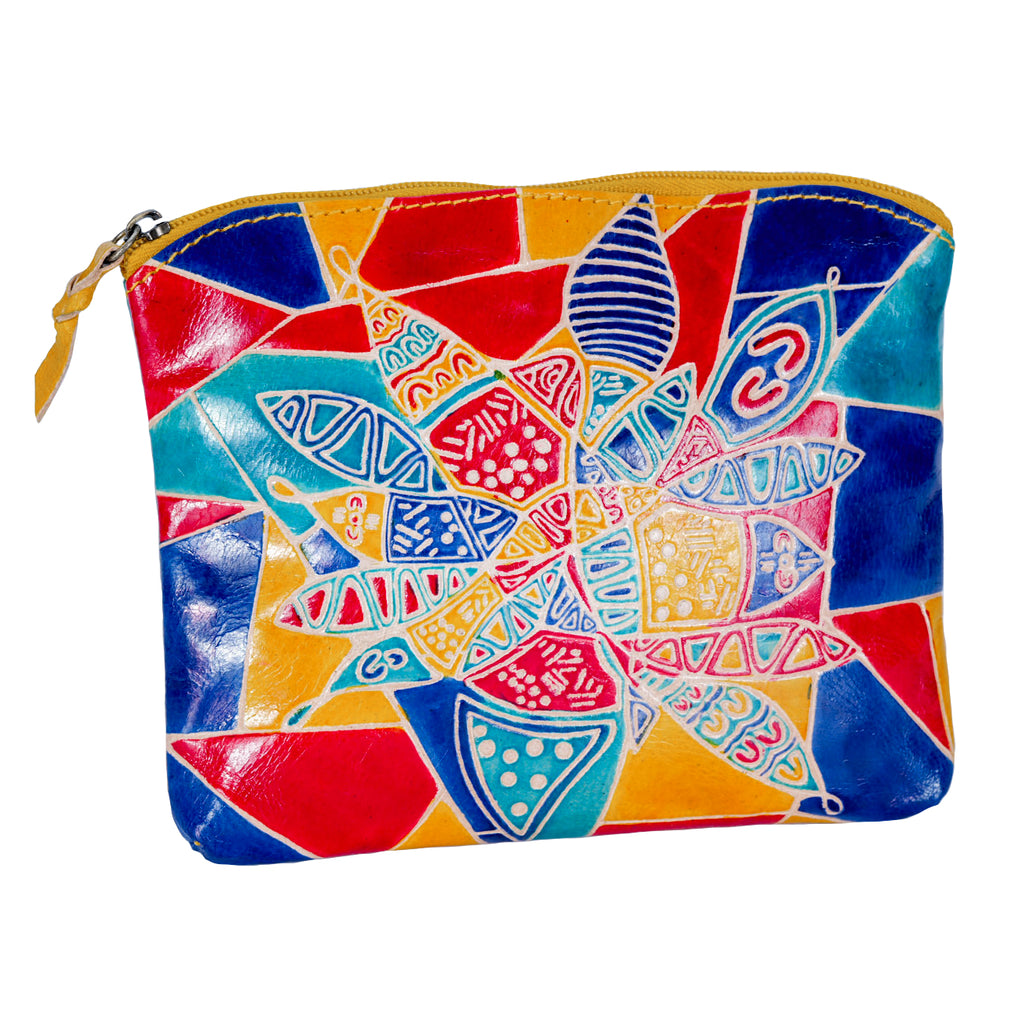 LADIES COSMETIC BAG, MAKEUP BAG, PURSE - ABORIGINAL ART - LEATHER - CONNECTING WITH LAND - AUSTRALIA, INDIGENOUS, SOUVENIR, GIFT