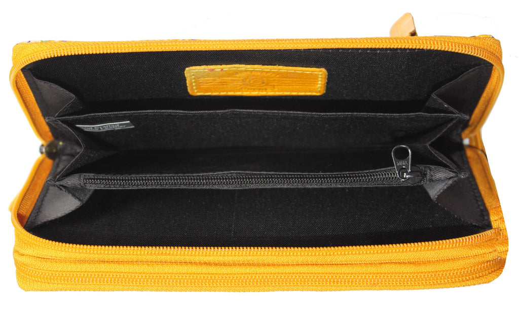 LADIES PURSE, WALLET - LEATHER - ABORIGINAL ART - YARNIN' AROUND THE CAMPFIRE, YELLOW - AUSTRALIA, INDIGENOUS, SOUVENIR, GIFT