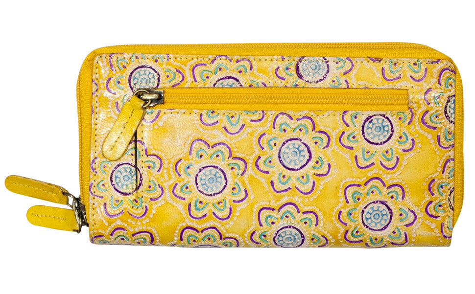 LADIES PURSE, WALLET - LEATHER - ABORIGINAL ART - YARNIN' AROUND THE CAMPFIRE, YELLOW - AUSTRALIA, INDIGENOUS, SOUVENIR, GIFT