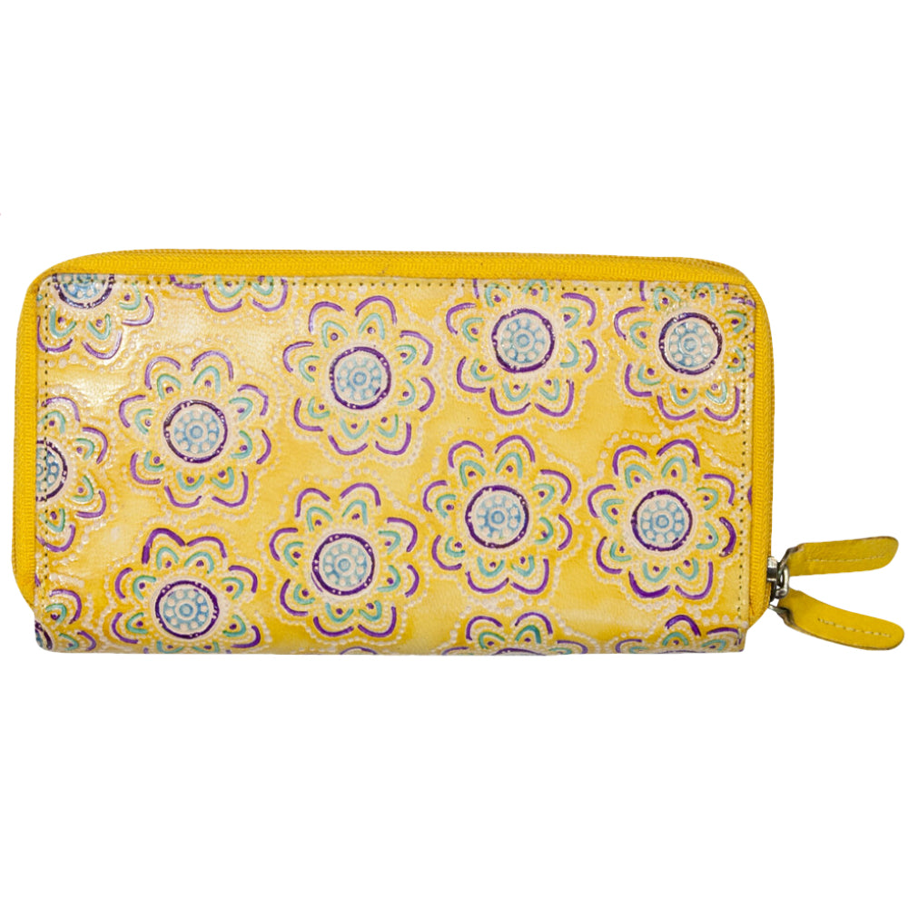 LADIES PURSE, WALLET - LEATHER - ABORIGINAL ART - YARNIN' AROUND THE CAMPFIRE, YELLOW - AUSTRALIA, INDIGENOUS, SOUVENIR, GIFT