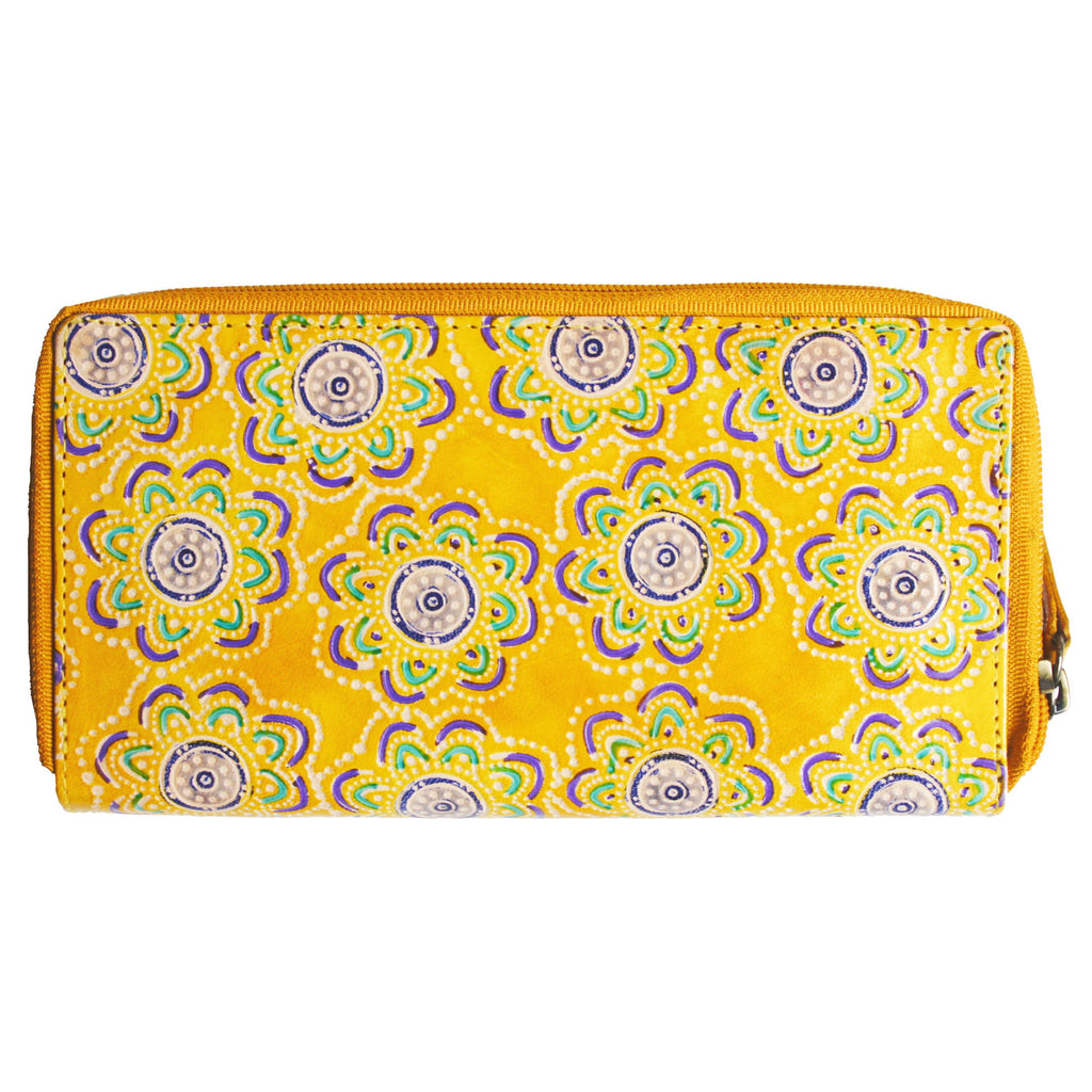 LADIES PURSE, WALLET - LEATHER - ABORIGINAL ART - YARNIN' AROUND THE CAMPFIRE, YELLOW - AUSTRALIA, INDIGENOUS, SOUVENIR, GIFT