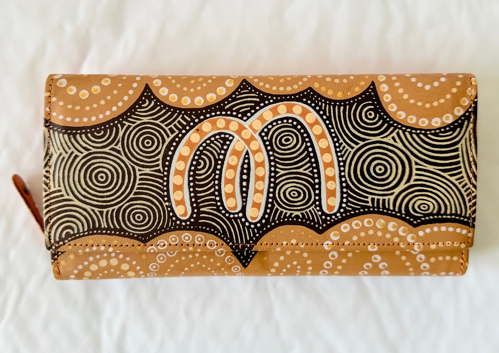 LADIES PURSE, WALLET - LEATHER - ABORIGINAL ART - SIBLING BOND, BROWN - AUSTRALIA, INDIGENOUS, SOUVENIR, GIFT