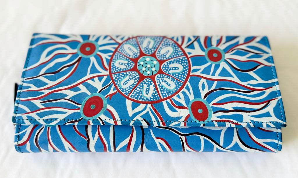 LADIES PURSE, WALLET - LEATHER - ABORIGINAL ART - FAMILY CONNECTIONS, BLUE - AUSTRALIA, INDIGENOUS, SOUVENIR, GIFT