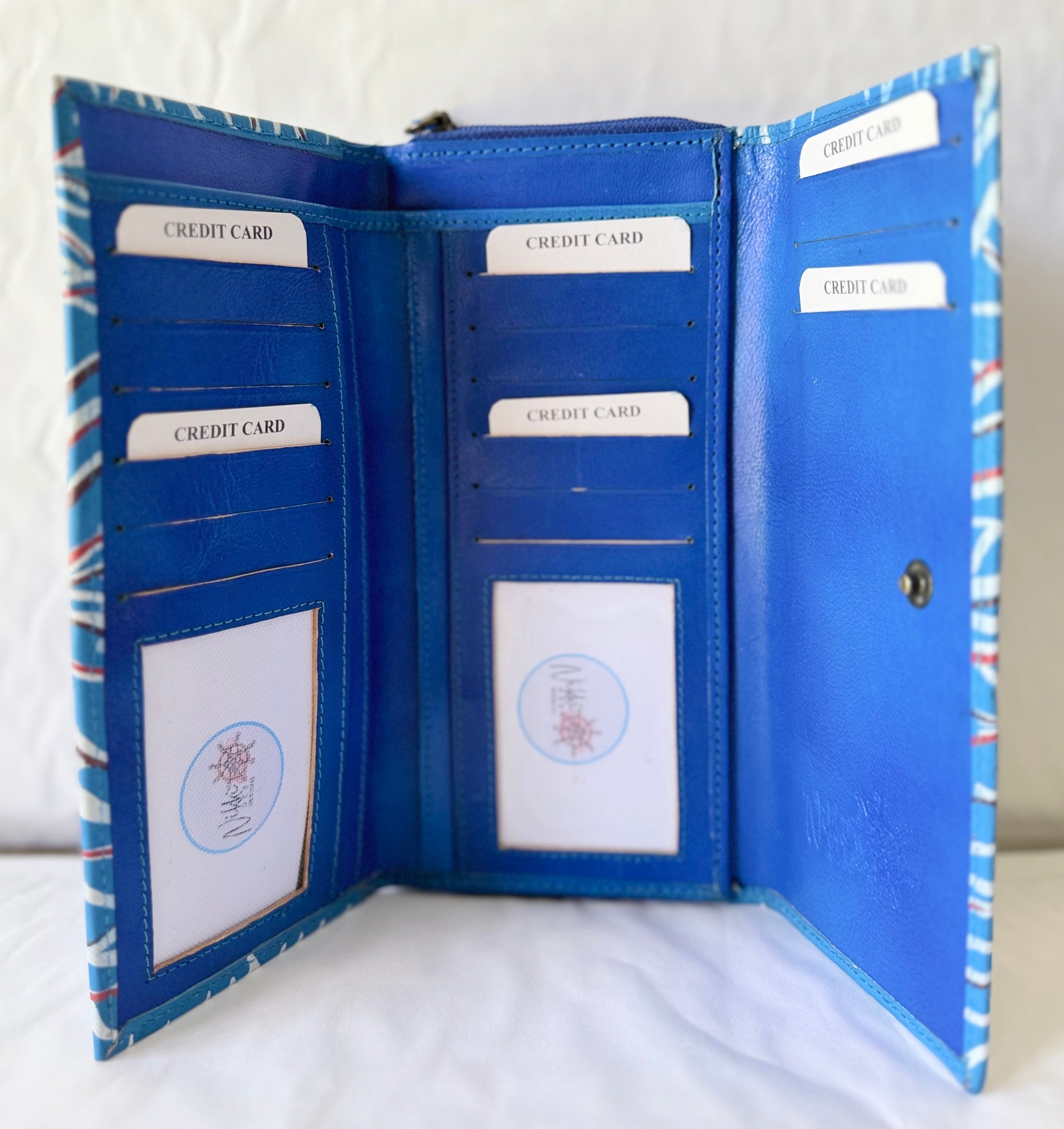 LADIES PURSE, WALLET - LEATHER - ABORIGINAL ART - FAMILY CONNECTIONS, BLUE - AUSTRALIA, INDIGENOUS, SOUVENIR, GIFT