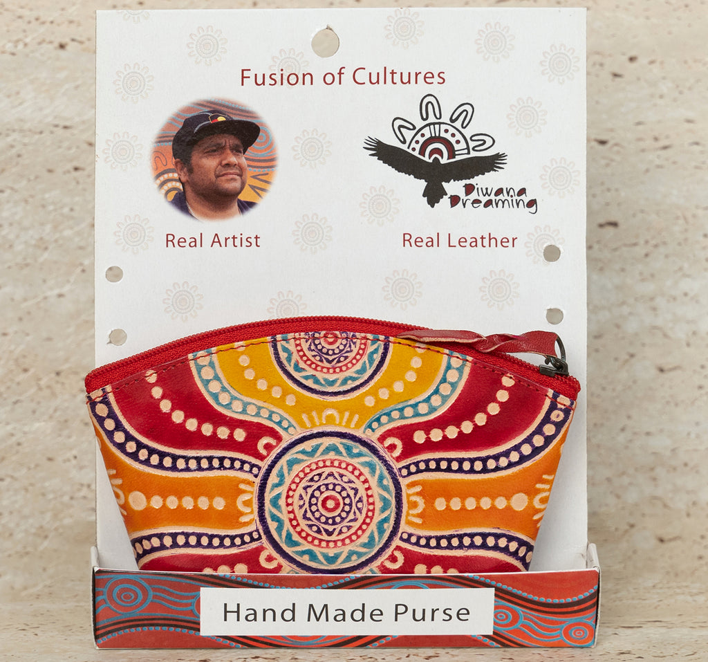 LADIES COSMETIC BAG, MAKEUP BAG, PURSE - ABORIGINAL ART - LEATHER - SOURCE OF LIFE SUNRISE, RED, YELLOW - AUSTRALIA, INDIGENOUS, SOUVENIR, GIFT