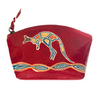 LADIES COSMETIC BAG, MAKEUP BAG, PURSE - ABORIGINAL ART - LEATHER - RIVER KANGAROO, RED - AUSTRALIA, INDIGENOUS, SOUVENIR, GIFT