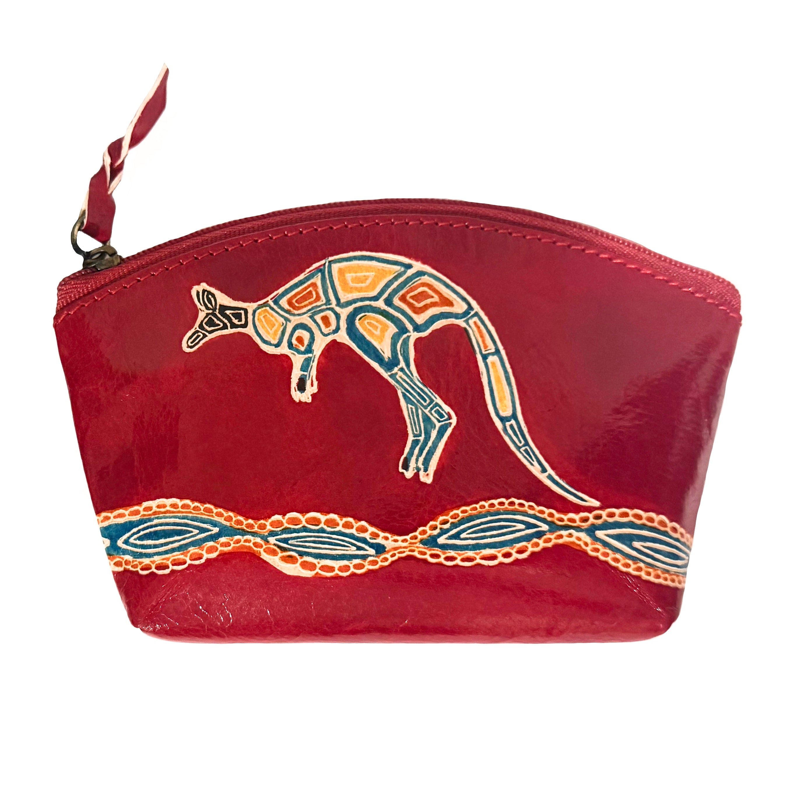 LADIES COSMETIC BAG, MAKEUP BAG, PURSE - ABORIGINAL ART - LEATHER - RIVER KANGAROO, RED - AUSTRALIA, INDIGENOUS, SOUVENIR, GIFT