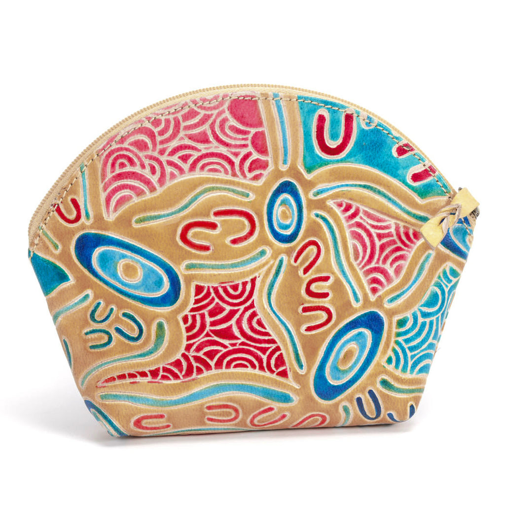LADIES COSMETIC BAG, MAKEUP BAG, PURSE - ABORIGINAL ART - LEATHER - PEOPLE & COUNTRY - AUSTRALIA, INDIGENOUS, SOUVENIR, GIFT