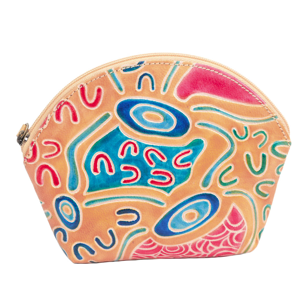 LADIES COSMETIC BAG, MAKEUP BAG, PURSE - ABORIGINAL ART - LEATHER - PEOPLE & COUNTRY - AUSTRALIA, INDIGENOUS, SOUVENIR, GIFT