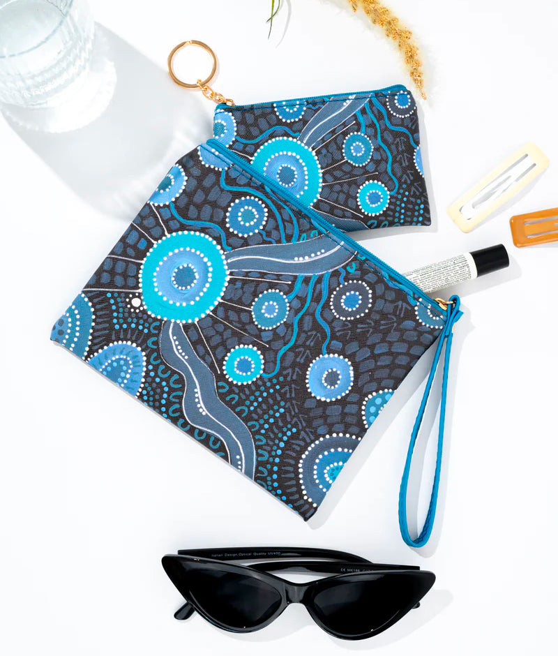 LADIES CLUTCH PURSE + COIN PURSE WITH KEYRING - 2 PIECE SET - ABORIGINAL ART - ONGOING JOURNEY - AUSTRALIA, INDIGENOUS, SOUVENIR, GIFT