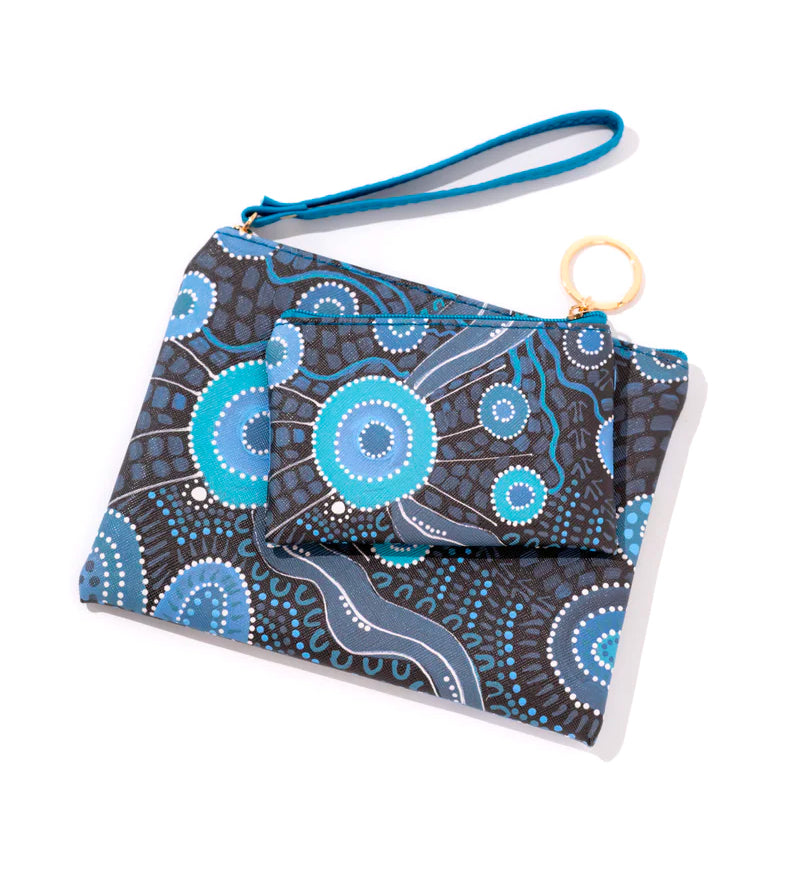 LADIES CLUTCH PURSE + COIN PURSE WITH KEYRING - 2 PIECE SET - ABORIGINAL ART - ONGOING JOURNEY - AUSTRALIA, INDIGENOUS, SOUVENIR, GIFT