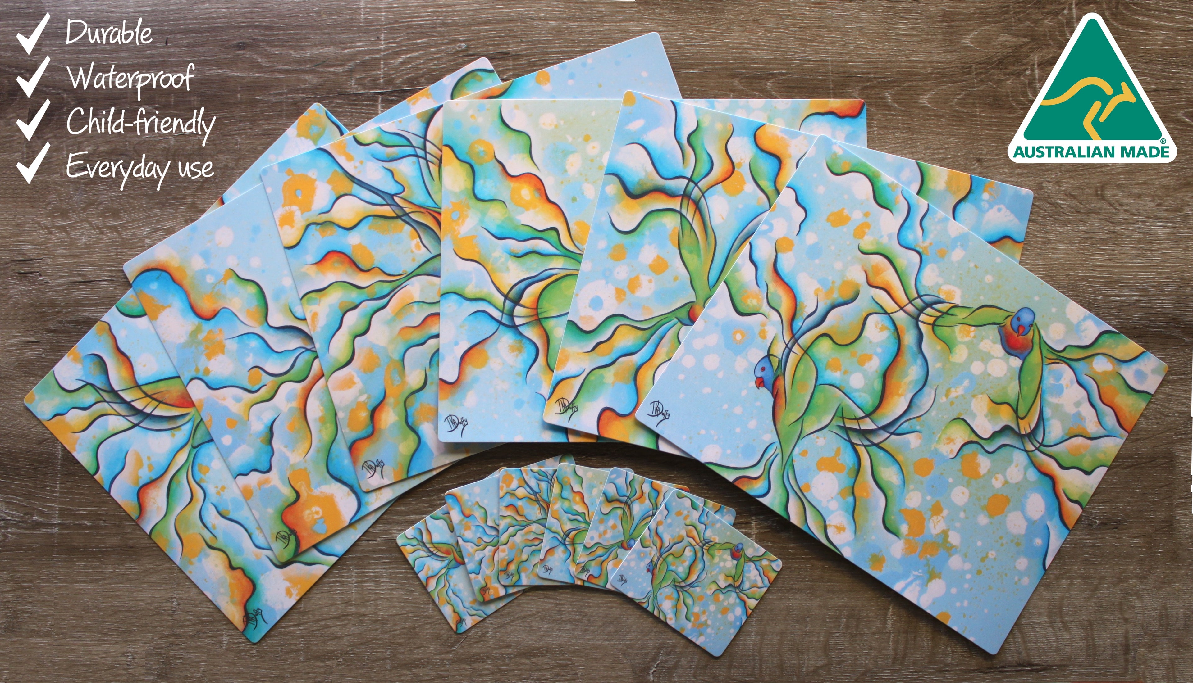 6 PLACEMATS + 6 COASTERS - MADE IN AUSTRALIA - WATERPROOF - RAINBOW LORIKEET BIRDS - SOUVENIR, GIFT